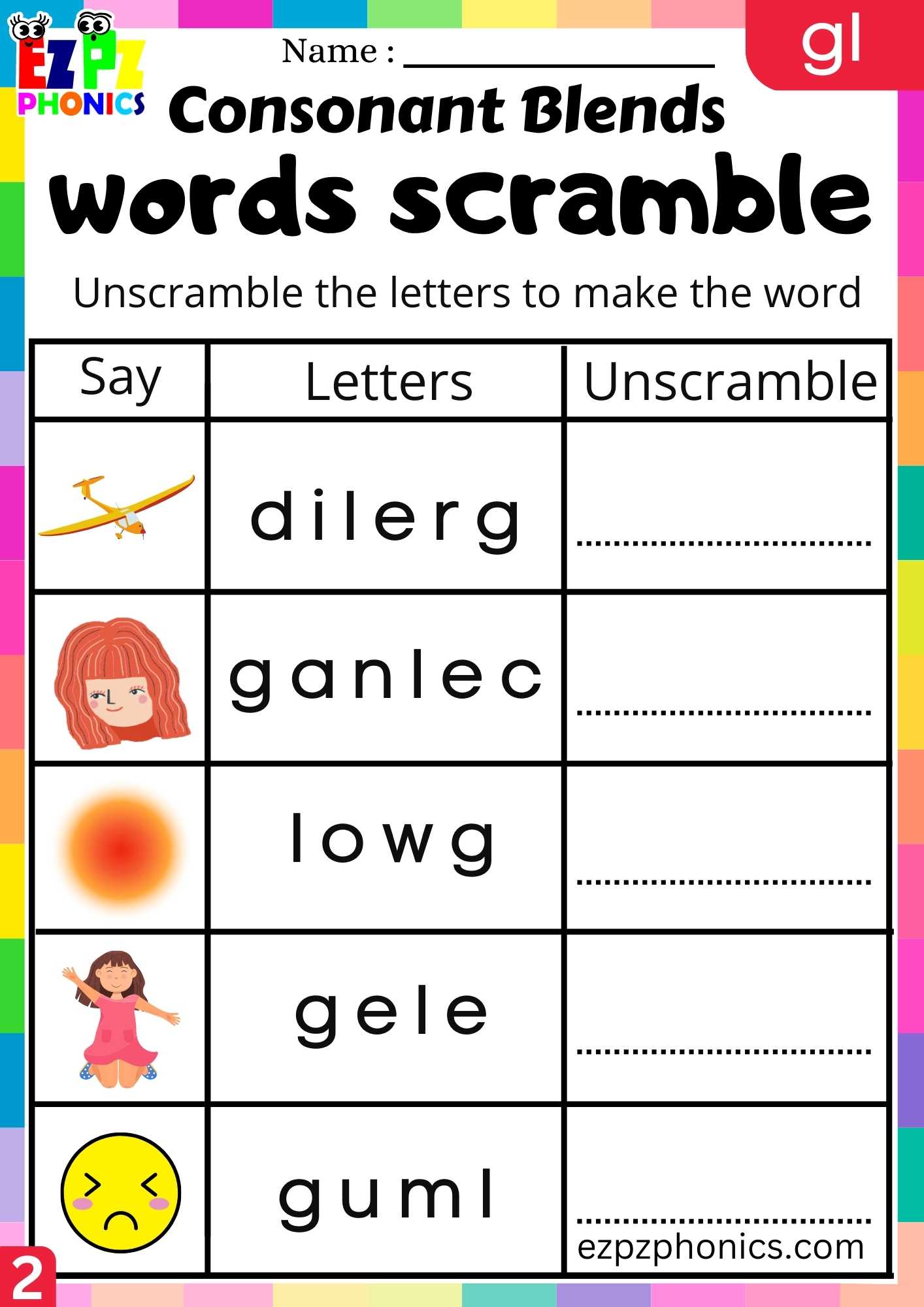 Group2 GL Words Words Scramble Phonics Consonant Blends Worksheet